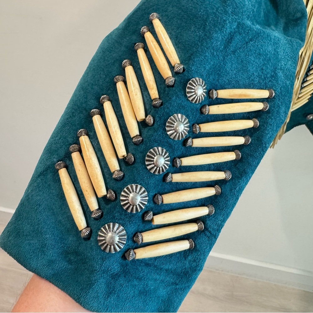Vintage Teal Leather Jacket with Fringe - Picture 2 of 10